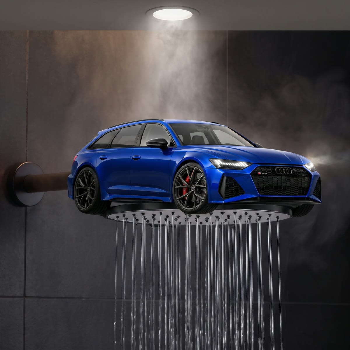 Blue Avant shower head with the lights on in a steamy shower